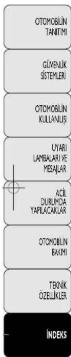 OTOMOBILIN TANITIMI GÜVENLİK SİSTEMLERİ OTOMOBILIN KULLANIŞI UYARI LAMBALARİ VE MESAŞLAR ACIL DURUMDA YAPILACAKLAR OTOMOBILIN BAKİMI TBNİK ÖZELLİKLER İNDEKS