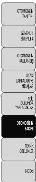 OTOMOBILİN TANITIMI GÜVENLİK SİSTEMLERİ OTOMOBILİN KULLANLIŞ UYARI LAMBALARİYE MESAJLAR ACİL DURUMDA YAPILACAKLAR OTOMOBILİN BAKİMI TEKNİK ÖZELİKLER İNDEKS