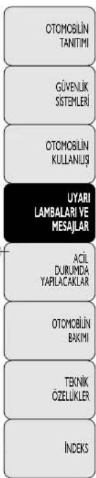 OTOMOBILIN TANITIMI GÜVENLIK SISTEMLERİ OTOMOBILIN KULLANIŞİ UYARI LAMBALARİ VE MESAJLAR ACİL DURUMDA, YAPILACAKLAR OTOMOBILIN BAKİMI TEKNİK ÖZELLIKLER İNDEKS