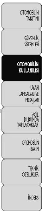 OTOMOBİLİN TANITIMI GÜYENLİK. SISTEMLERİ OTOMOBİLİN KULLANILIŞI UYARI LAMBALARİ VE MESAJLAR ACİL DURUMDÄ YAPILACAKLAR OTOMOBİLİN BAKIMI TEKNİK ÖZELLİKLER İNDEKS