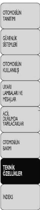OTOMOBILIN TANITIMI GÜVENLIK SİSTEMLERİ OTOMOBILIN KULLANILIŞ UYARI LAMBALARI VE MESAJLAR ACİL DURUMDA YAPILACAKLAR OTOMOBILIN BAKİMI TEKNİK ÖZELLİKLER INDEKS