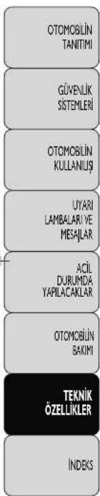 OTOMOBILIN TANITIMI GÜVENLİK SISTEMLERİ OTOMOBILIN KULLANIŞİ UYARI LAMBALARİ YE MESAJLAR ACİL DURUMDA YAPILACAKLAR OTOMOBILIN BAKIMİ TEKNİK ÖZELLİKLER İNDEKS