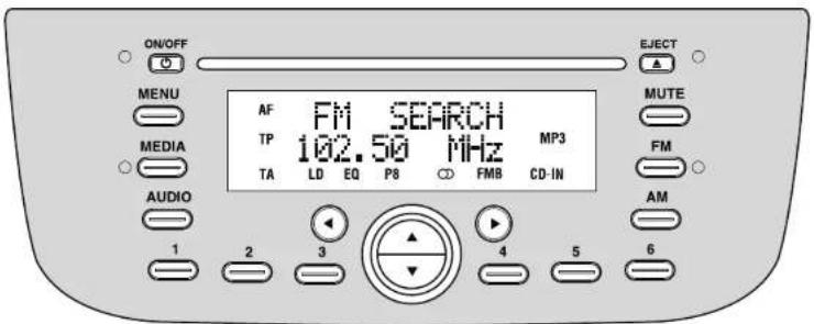 ON/OFF MENU MEDIA AUDIO 1 2 3 AF FM SEARCH MP3 TP 102.50 MHz TA LD EQ P8 FMB CD-IN EJECT MUTE FM AM 6