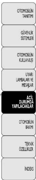 OTOMOBILIN TANITIMI GÜYENLIK SISTEMLERİ OTOMOBILIN KULLANIŞI UYARI LAMBALARİ YE MESAJLAR ACİL DURUMDA YAPILACAKLAR OTOMOBILIN BAKİMI TEKNK ÖZELLİKLER İNDEKS