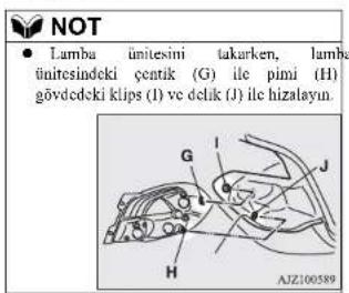 NOT ● Lamba ünitesini takarken, lamba ünitesindeki çentik (G) ile pimi (H) gövdedeki klips (I) ve delik (J) ile hizalayun.