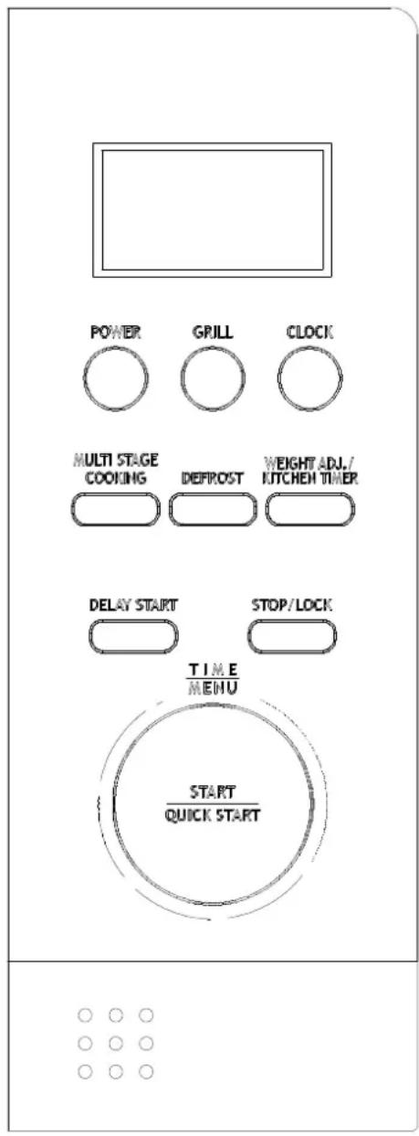 POWER GRILL CLOCK MULTI STAGE COOKING DEFROST WEIGHT ADJ / KITCHEN TIMER DELAY START STOP/LOCK TIME MENU START QUICK START