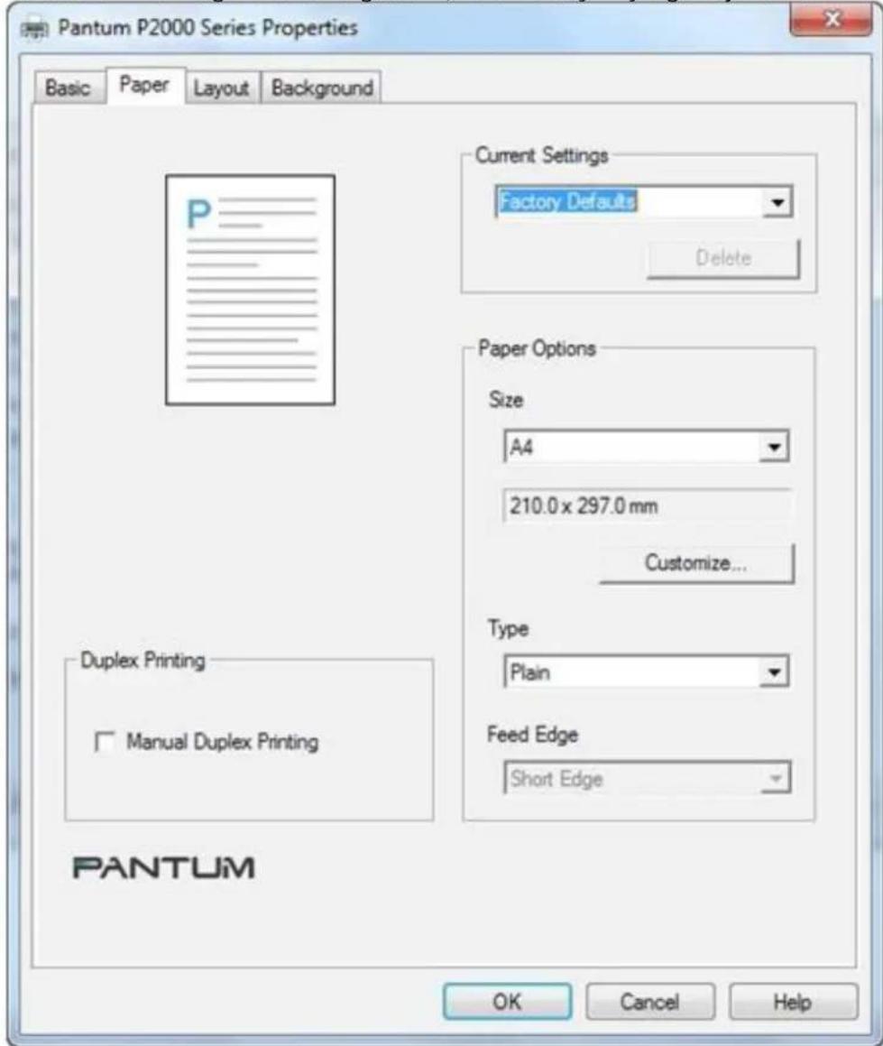 PANTUM P2000 - Yazıcı sürücüsündeki kağıt ayarlarını kullanma - 1