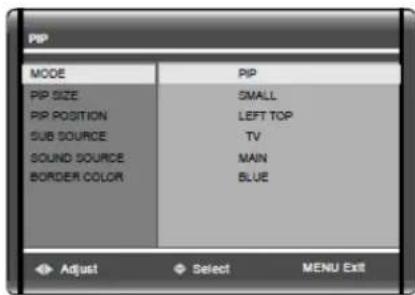 PIP MODE PIP PIP SIZE SMALL PIP POSITION LEFT TOP SUB SOURCE TV SOUND SOURCE MAIN BORDER COLOR BLUE Adjust Select MENU Exit