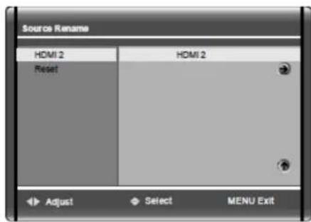 Source Rename HDMI 2 HDMI 2 Reset Adjust Select MENU Exit