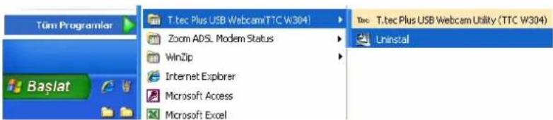 Tüm Programlar T. Tec Plus USB Webcam(TTC W304) Zoom ADSL Modem Status WinZip Internet Explorer Microsoft Access Microsoft Excel Tec T. Tec Plus USB Webcam Utility (TTC W304) Uninstal Baslat