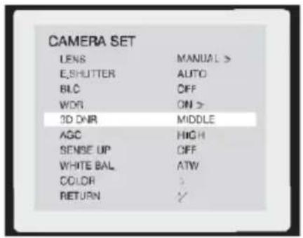 CAMERA SET LENS MANUAL > E_SHUTTER AUTO BLC OFF WDR ON > 3D DNR MIDDLE AGC HIGH SENSE UP OFF WHITE BAL ATW COLOR > RETURN ✓