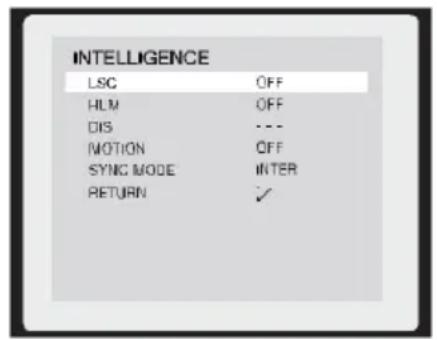INTELLIGENCE LSC OFF HLM OFF DIS --- MOTION OFF SYNC MODE INTER RETURN ✓