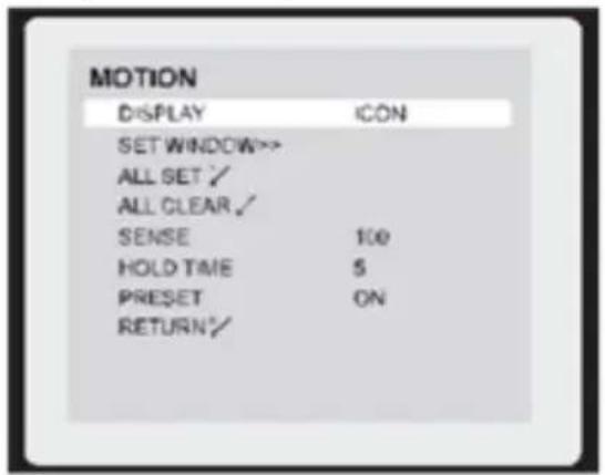 MOTION DISPLAY ICON SET WINDOW>> ALL SET ✓ ALL CLEAR ✓ SENSE 100 HOLD TIME 5 PRESET ON RETURN✓