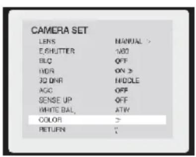 CAMERA SET LENS MANUAL > E,SHUTTER 1/80 BLC OFF HDR ON > 3D DNR MIDDLE AGO OFF SENSE UP OFF WHITE BAL ATW COLOR >> RETURN "