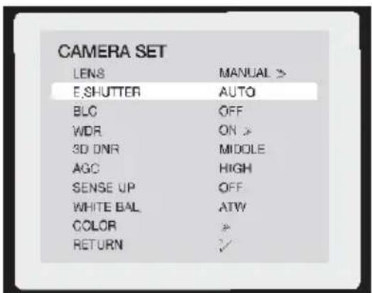 CAMERA SET LENS MANUAL > E.SHUTTER AUTO BLO OFF WDR ON > 3D DNR MIDDLE AGC HIGH SENSE UP OFF WHITE BAL ATW COLOR > RETURN ✓