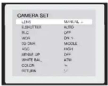 CAMERA SET LENS MANUAL > E_SHUTTER AUTO BLC OFF WDR ON Y SD DNA MODULE AGO HIGH SENSE UP OFF WHITE BAL ATW COLOR > RETURN ↕