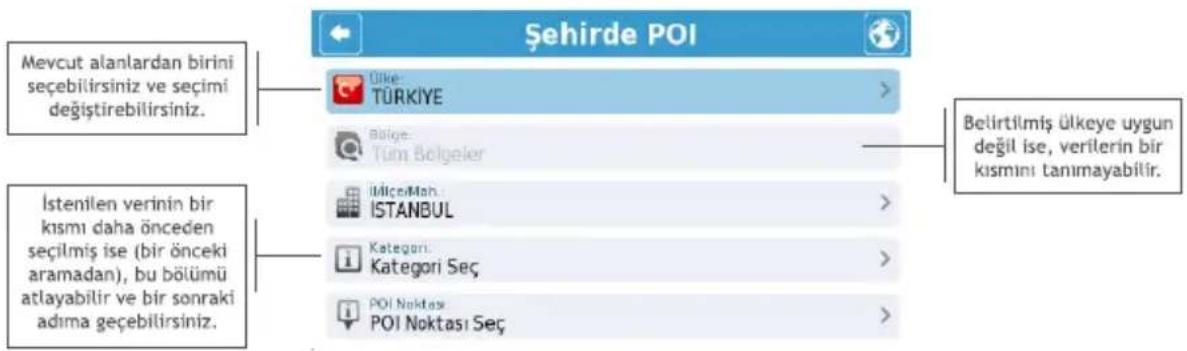 Şehirde POI Mevcut alanlardan birini seçebilirsiniz ve seçimi değiştirebilirsiniz. İstenilen verinin bir kısmı daha önceden seçilmiş ise (bir önceki aramadan), bu bölümü atlayabilir ve bir sonraki adıma geçebilirsiniz. Ülke TÜRKİYE > Bolge Tüm Bolgeler > İlceMah İSTANBUL > Kategori Kategori Seç > POI Noktası POI Noktası Seç Belirtilmiş ülkeye uygun değil ise, verilerin bir kısmını tanımayabilir.