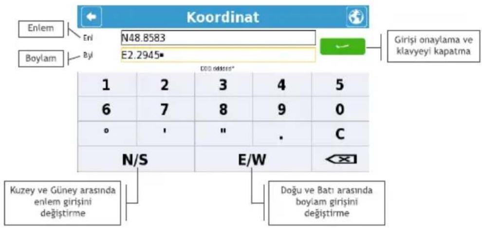 Koordinat Enlem Enl N48.8583 Boylam Byl E2.2945* Girişi onaylama ve klavyeyi kapatma 1 2 3 4 5 6 7 8 9 0 o '" . C N/S E/W Kuzey ve Güney arasında enlem girişini değiştirme Doğu ve Batı arasında boylam girişini değiştirme