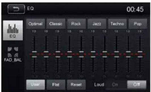 EQ 00:45 Optimal Classic Rock Jazz Techno Pop 10 19 19 19 19 19 19 19 19 19 EQ FAD_BAL User Flat Reset Loud On Off