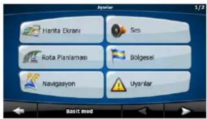 Ayarlar Harita Ekranı Ses Rota Planlaması Bölgesel Navigasyon Uyarilar Basit mod 1/2
