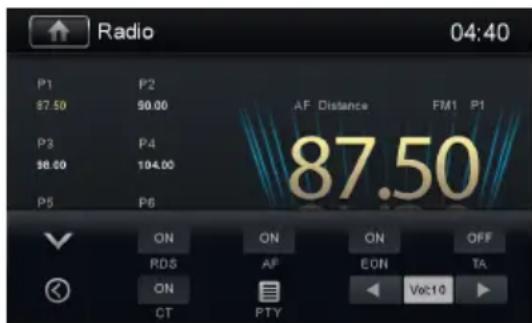Radio 04:40 P1 P2 7.500.00 AF Distance FM1 P1 P3 P4 $8.50 104.00 87.50 P5 P6 ON ON ON OFF RDS AF EON TA ON CT PTY Vol:10