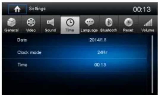Settings 00:13 General Video Sound Time Language Bluetooth Reset Volume Date 2014/1/1 Clock mode 24Hr Time 00:13