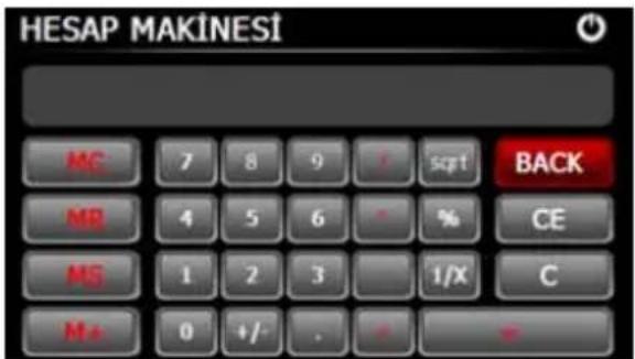 HESAP MAKİNESİ MC 7 8 9 / sqrt BACK MR 4 5 6 % CE MS 1 2 3 1/X C M+ 0 +/- . + =