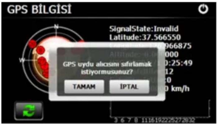 GPS BİLGİSİ SignalState:Invalid Latitude:37.566550 GPS uydu alicosini sıfırlamak istiyormusunuz? TAMAM IPTAL 3 6 7 8 1116192225272632