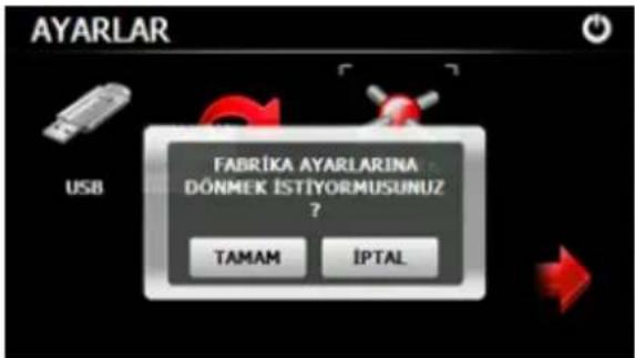 AYARLAR USB FABRİKA AYARLARINA DÖNMEK İSTIYORMUSUNUZ ? TAMAM İPTAL