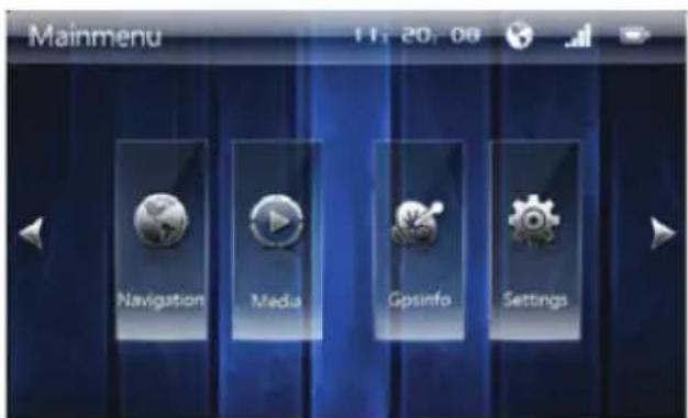 Mainmenu 11:20:08 Navigation Media GPSinfo Settings