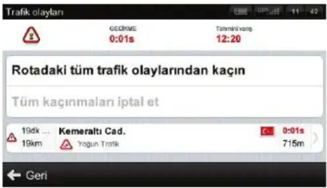 Trafik olayları GECKME 0:01s Tahmini varp 12:20 Rotadaki tüm trafik olaylarından kaçın Tüm kaçınmaları iptal et 19dk ... Kemeraltı Cad. 19km Yogun Trafik 0:01s 715m Geri