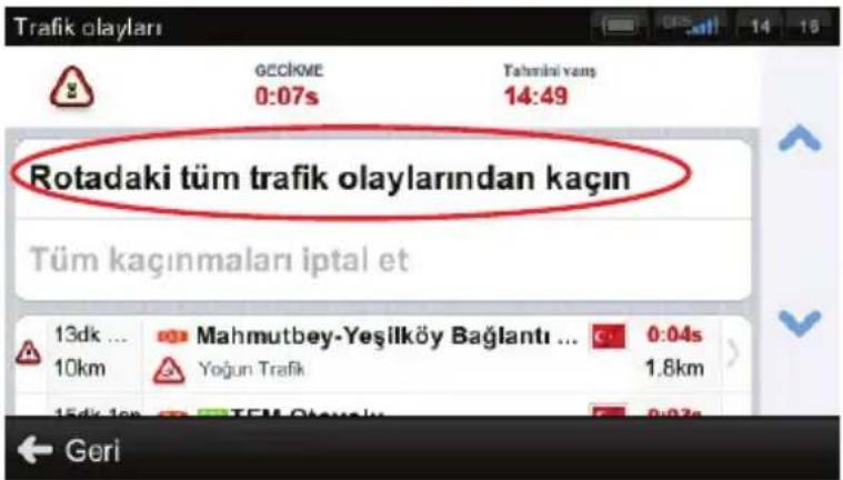 Trafik olayları GECKME 0:07s Tahmini vanş 14:49 Rotadaki tüm trafik olaylarından kaçın Tüm kaçınmaları iptal et 13dk ... 10km Mahmutbey-Yeşilköy Bağlantı ... Yoğun Trafik 0:04s 1.8km 15dir 1er TFM Olayalı 0:02s Geri