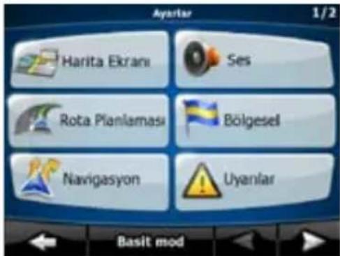 Ayarlar 1/2 Harita Ekrani Ses Rota Planlamasi Bölgesel Navigasyon Uyanlar Basit mod