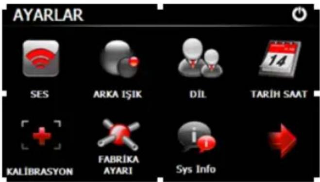 AYARLAR SES ARKA IŞIK DİL TARİH SAAT KALİBRASYON FABRİKA AYARI Sys Info