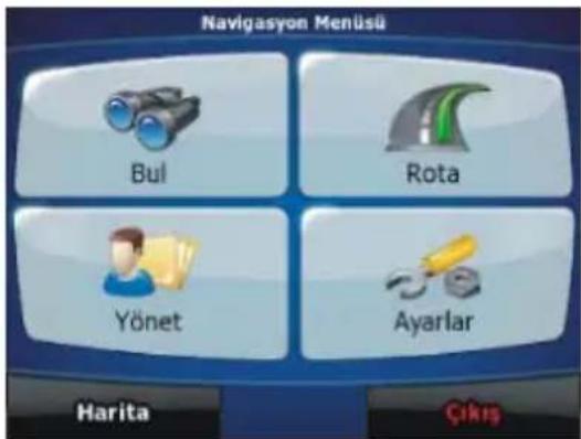 Navigasyon Menüsü Bul Rota Yönet Ayarlar Harita Çıkrış