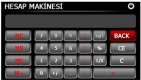 HESAP MAKİNESİ MC 7 8 9 / sqrt BACK MR 4 5 6 % CE MS 1 2 3 1/X C M+ 0 +/- . +