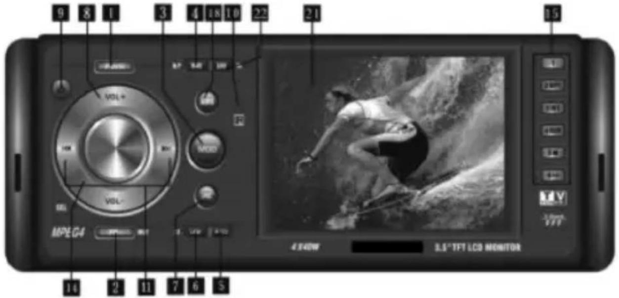 9 8 1 3 4 18 10 22 21 VOL+ MOD MPEG4 4.14W 3.5° TFT LCD MONITOR 15 14 2 11 7 6 5