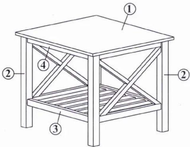 Technical diagram of a wooden side table with numbered components for identification