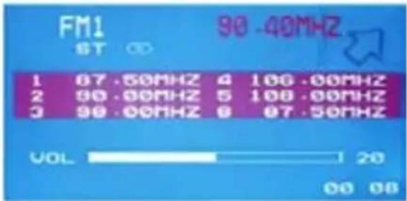 FM1 6T 90.40MHz 1 67.50MHz 4 106.00MHz 2 90.00MHz 5 108.00MHz 3 90.00MHz 6 07.50MHz VOL 1 20 00 08
