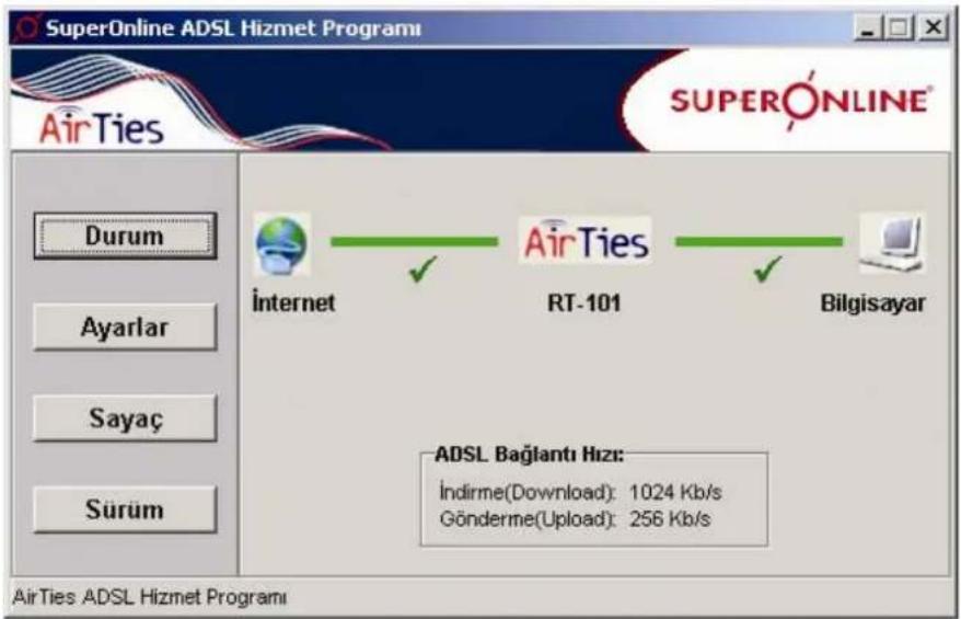 SuperOnline ADSL Hizmet Programı AirTies SUPERONLINE® Durum Ayarlar Sayaç Surüm Internet AirTies RT-101 Bilgisayar ADSL Bağlantı Hızı: İndirme(Download): 1024 Kb/s Gönderme(Upload): 256 Kb/s AirTies ADSL Hizmet Programı