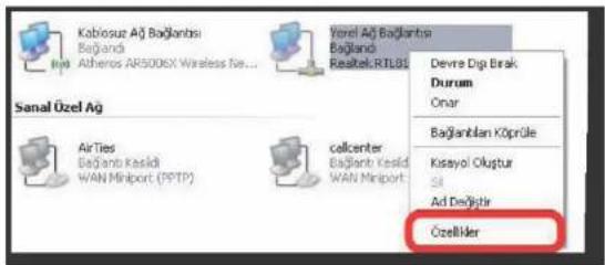 Kabiosuz Aj Bağlanısı Bağländı Atheros AR5006X Wireless Net... Yerel Aj Bağlanırı Bağländı Restek.RILGE Sanal Özel Aj Air Ties Bağländı Kasişi WAN Miroport (PPTP) Cellerter Bağländı Kasişi WAN Miroport Devre Dig Brak Durum Onar Bağlanılan Köprüle Kisayol Okıştur Sil Ad Devişir Özellikler