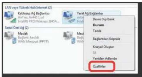 LAN veya Yüksek Hali Internet (2) Kablosuz Aş Bağlantsu AirTim_Air457_ad Intel(R) PRO/Wireless 3845A... Yerel Aj Bağlantsu Desre Dip Brak Durum Tamle Bağlanbilan Köprüle Krayol Olustur Sit Yeniden Adlander Özellikler