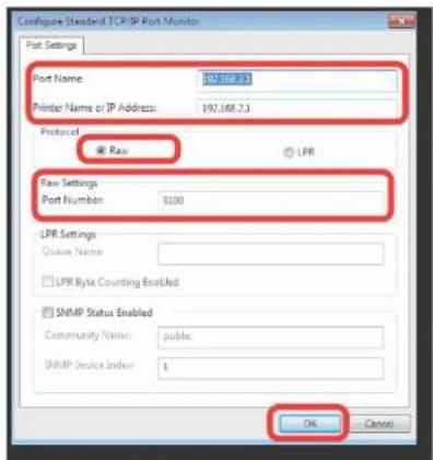 Configure Standard TCP/IP Port Monitor Port Settings Port Name: 192.168.23 Printer Name or IP Address: 192.168.23 Protocol: Raw Raw Settings Port Number: 0100 LPR Settings Custom Name: LPR Byte Counting Enabled SNMP Status Enabled Community Name: public SNMP Device Index: 1 OK Cancel