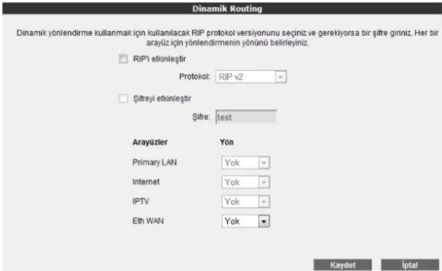 Dinamik Routing Dinamik yönlendirme kullanmak için kullanılacak RIP protocol versiyonunu seçiniz ve gerekiyorsa bir şifre giriniz. Her bir arayüz için yönlendirmenin yönünü belirleyiniz. RIP1 etkinleştir Protocol: RIP v2 Şitreyi etkinleştir Şifre: test Arayüzler Yön Primary LAN Yok Internet Yok IPTV Yok Eth WAN Yok Kaydet İptal