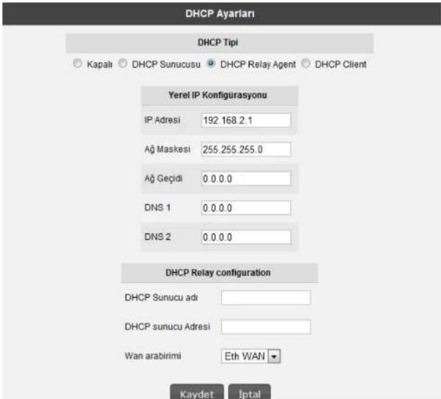 DHCP Ayarlanı DHCP Tipi Kapali DHCP Sunucusu DHCP Relay Agent DHCP Client Yerel IP Konfigurasyonu IP Adresi 192.168.2.1 Ağ Maskesi 255.255.255.0 Ağ Geçidi 0.0.0.0 DNS 1 0.0.0.0 DNS 2 0.0.0.0 DHCP Relay configuration DHCP Sunucu adı DHCP sunucu Adresi Wan arabirimi Eth WAN Kaydet İptal