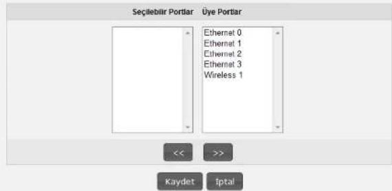 Seçilebilir Portlar Üye Portlar Ethernet 0 Ethernet 1 Ethernet 2 Ethernet 3 Wireless 1 << >> Kaydet İptal