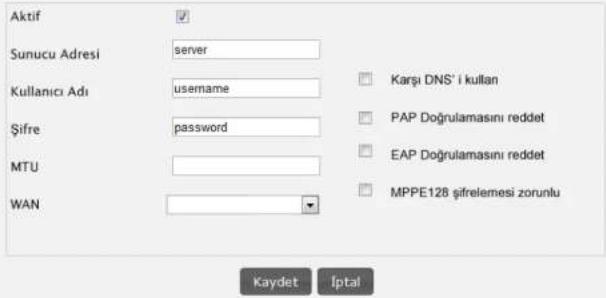 Aktif Sunucu Adresi server Kullanıcı Adı username Şifre password MTU WAN Karşı DNS® i kullan PAP Doğrulamasını reddet EAP Doğrulamasını reddet MPPE128 şifrelemesi zorunlu Kaydet İptal