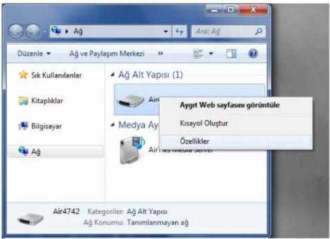 Düzenle Ağ ve Paylaşım Merkezi Sik Kullanılanlar Kitaplıklar Bilgisayar Ağ Ağ Alt Yapısı (1) Air Aygrt Web sayfasını görüntüle Kisayol Oluştur Özellikler Medya Ay Air4742 Kategoriler: Ağ Alt Yapısı Ağ Konumu: Tanımlanmayan ağ