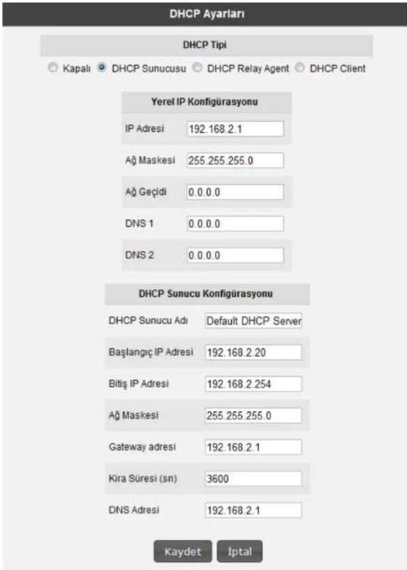 DHCP Ayarları DHCP Tipi Kapali DHCP Sunucusu DHCP Relay Agent DHCP Client Yerel IP Konfigürasyonu IP Adresi 192.168.2.1 Ağ Maskesi 255.255.255.0 Ağ Geçidi 0.0.0.0 DNS 1 0.0.0.0 DNS 2 0.0.0.0 DHCP Sunucu Konfigürasyonu DHCP Sunucu Adı Default DHCP Server Başlangıç IP Adresi 192.168.2.20 Bitiş IP Adresi 192.168.2.254 Ağ Maskesi 255.255.255.0 Gateway adresi 192.168.2.1 Kira Süresi (sn) 3600 DNS Adresi 192.168.2.1 Kaydet İptal
