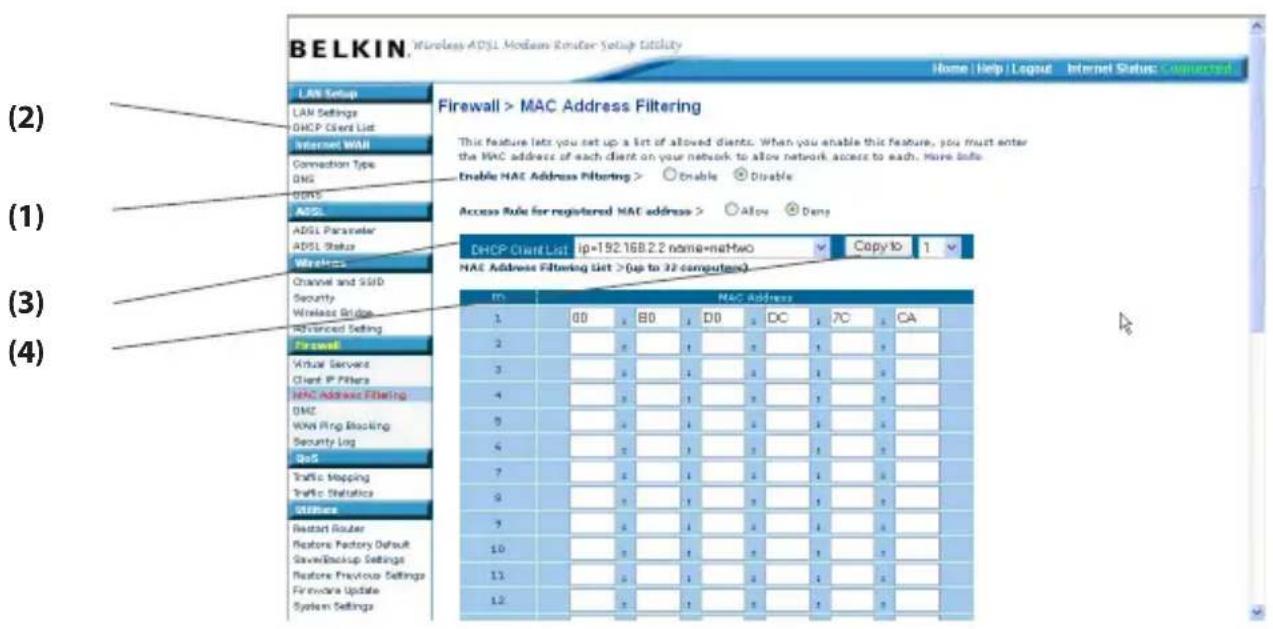 BELKIN F5D7632tu4A - MAC Adresi Filtrelemesinin Ayarlanması - 1